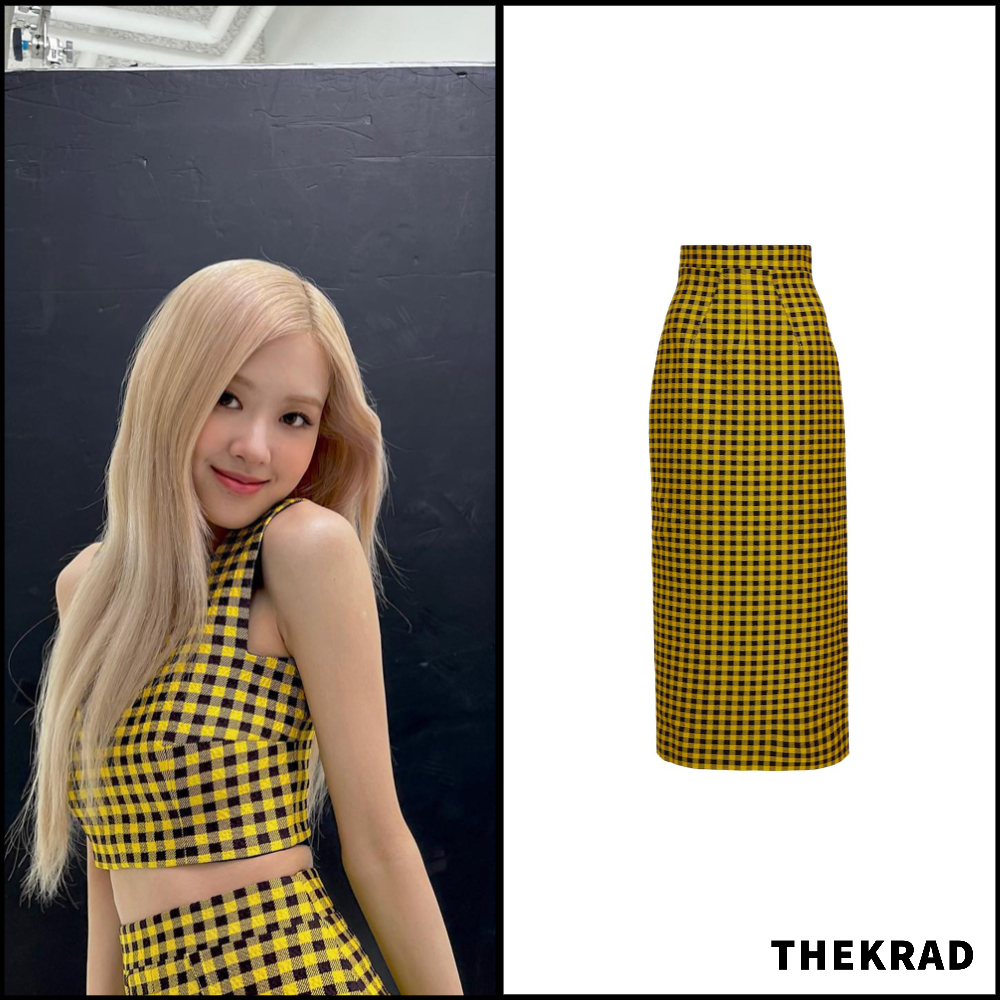 Blackpink Rose wears 90's inspired gingham cloque top and skirt