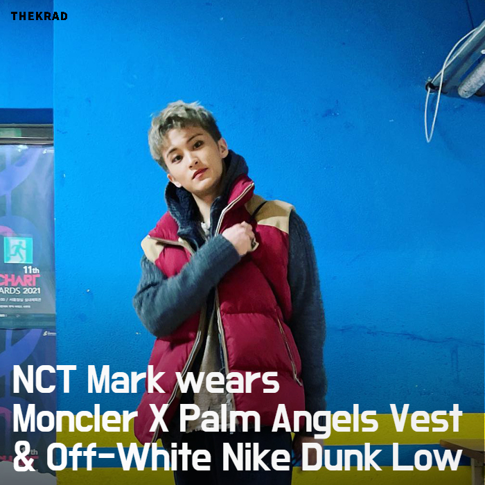 NCT Mark wears Moncler X Palm Angels Vest & Off-White Nike Dunk Low