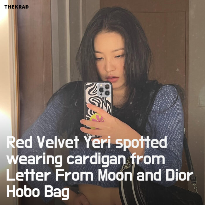 Red Velvet Yeri spotted wearing cardigan from Letter From Moon and Dior Hobo Bag