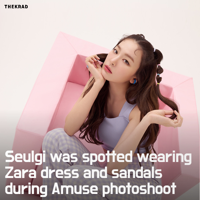 Seulgi was spotted wearing Zara dress and sandals during Amuse photoshoot
