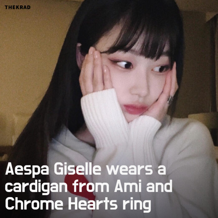 Aespa Giselle wears a cardigan from Ami and Chrome Hearts ring