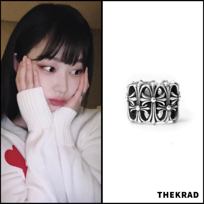 Aespa Giselle wears a cardigan from Ami and Chrome Hearts ring