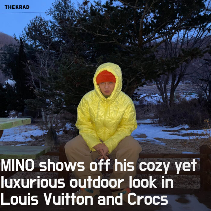 MINO shows off his cozy yet luxurious outdoor look in Louis Vuitton and Crocs