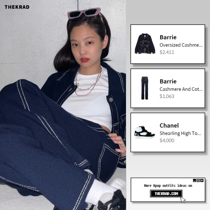 Blackpink Jennie was seen wearing Barrie jacket, pants and Chanel shearling sneakers