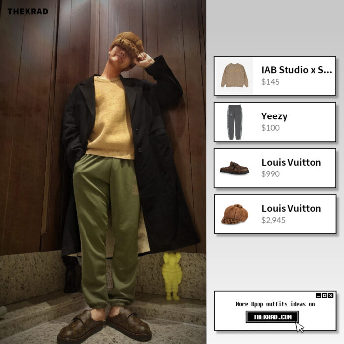 BTS J-Hope was seen wearing IAB Studio x Saddler Haus sweater and Louis Vuitton mule on Instagram (2022 Feb 18)