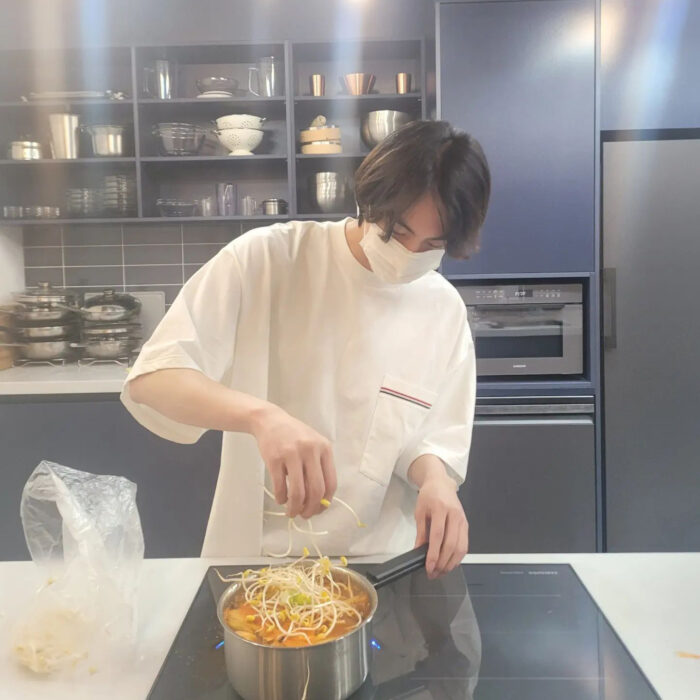 BTS Jin cooked with Chef Lee Yeon Bok wearing Thom Browne t-shirt