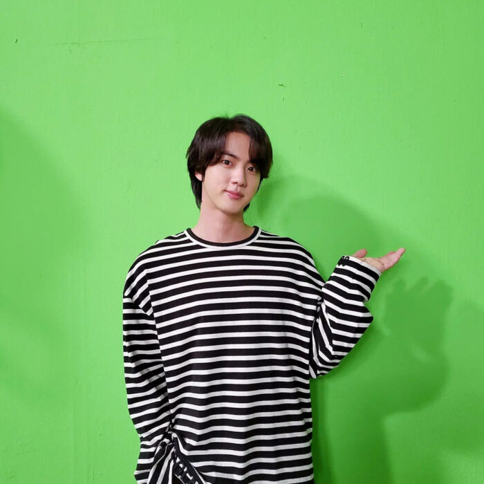 BTS Jin outfit from Feb 22, 2022 : Juun.J striped t-shirt
