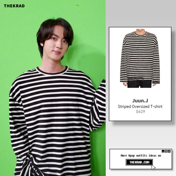BTS Jin outfit from Feb 22, 2022 : Juun.J striped t-shirt