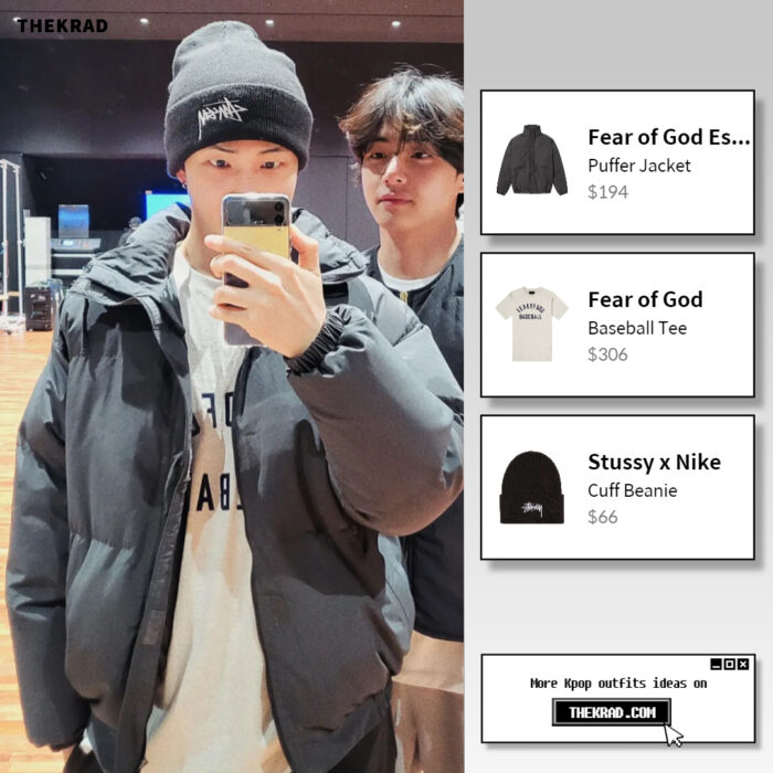 BTS RM outfit from Feb 25, 2022 : Fear of God Essentials jacket and more