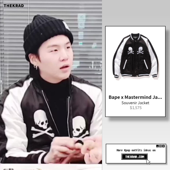 BTS Suga was seen wearing BAPE x Mastermind Japan jacket on Vlive (2022 Feb 20)