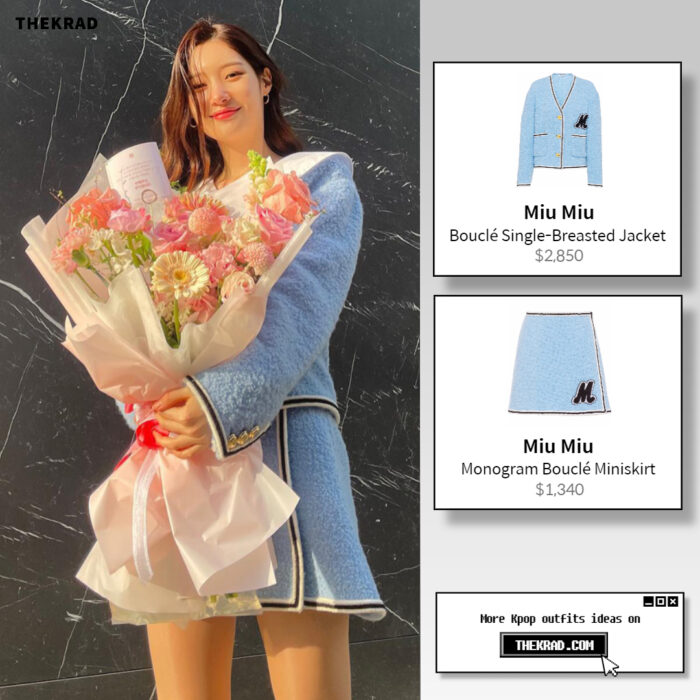 Jung Chae Yeon was spotted wearing Miu Miu bouclé jacket and skirt on Instagram