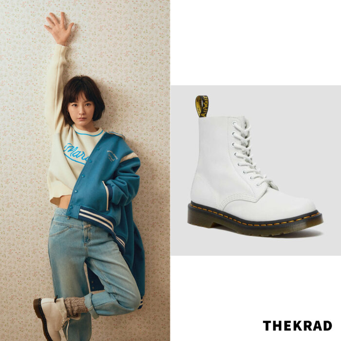 Jung Yu Mi x Marithe Francois Girbaud ad outfits (varsity jacket and jeans)