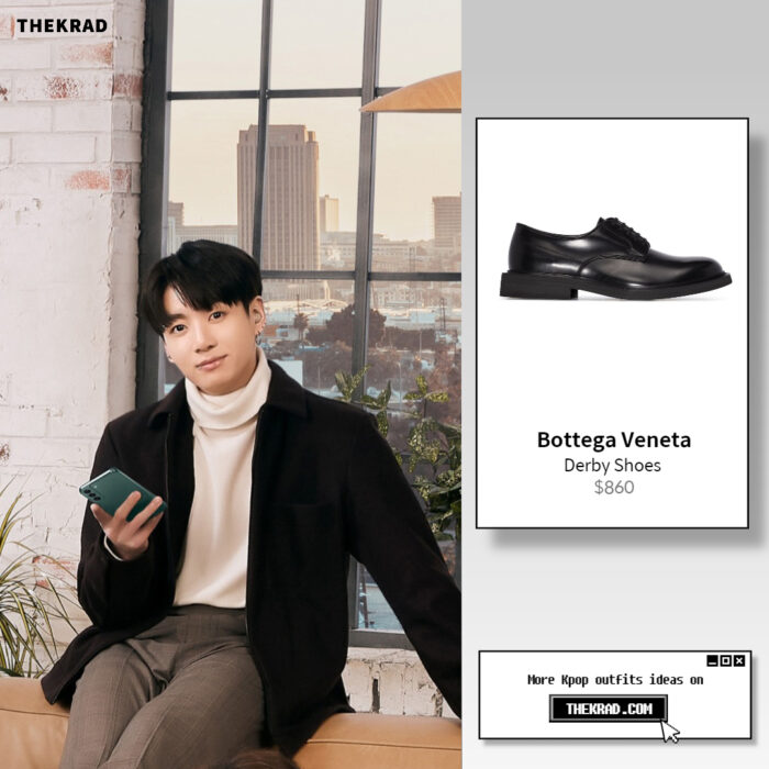 Jungkook was spotted wearing Bottega Veneta derby shoes from Samsung Galaxy x BTS pictorial