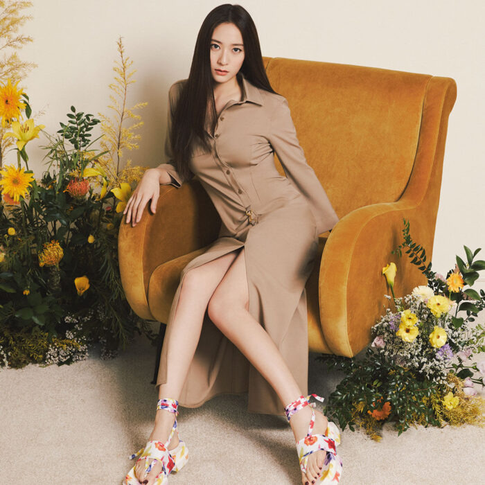 Krystal appeared in beige Jacquemus dress on Charles and Keith 2022 SS campaign