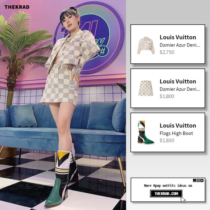 Noze sported a Louis Vuitton Azul Damier jacket and skirts on 'Mnet TMI' show