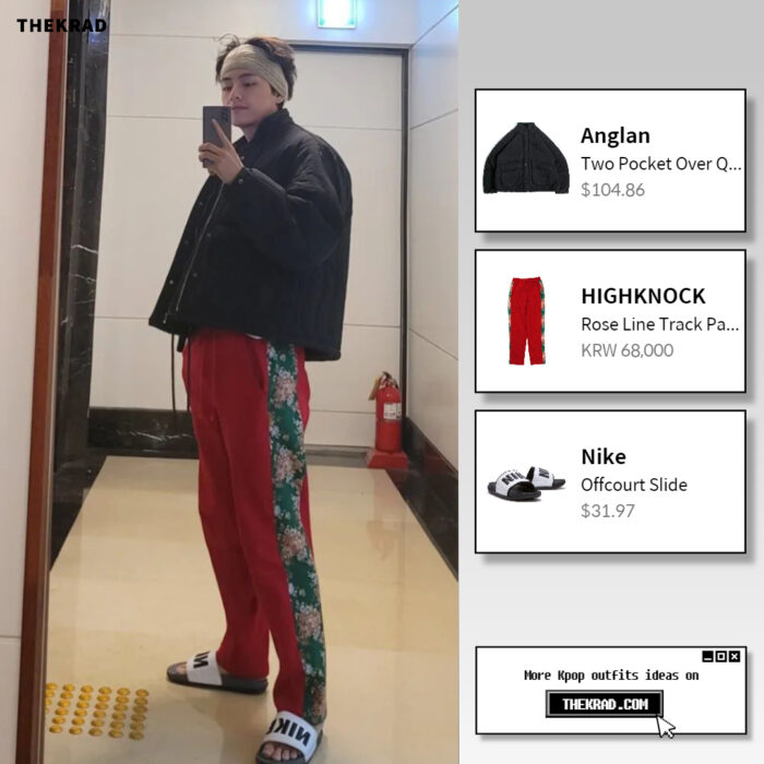 BTS V outfit from Feb 28, 2022 : Nike slides and more