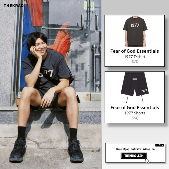 BTS RM outfit from May 8, 2022 : Fear of God Essentials t-shirt and more