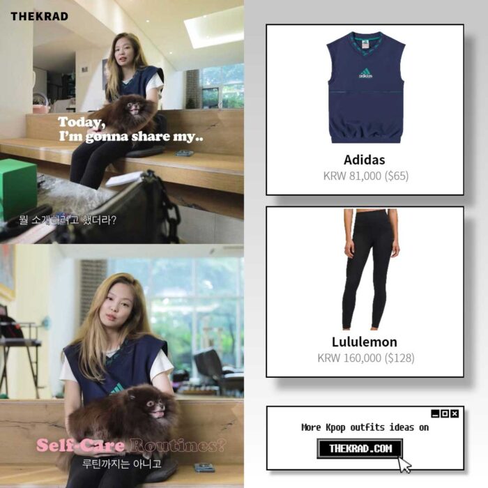 Blackpink Jennie outfit in her new youtube video from June 6, 2022 : Adidas vest and more