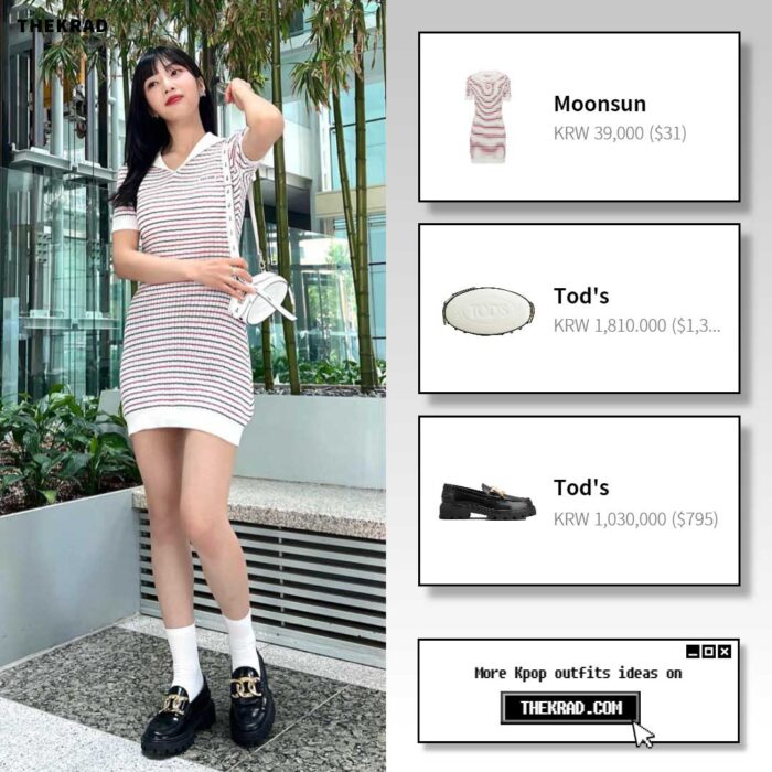 Red Velvet Joy outfit from June 22, 2022 : Tod's loafers and more