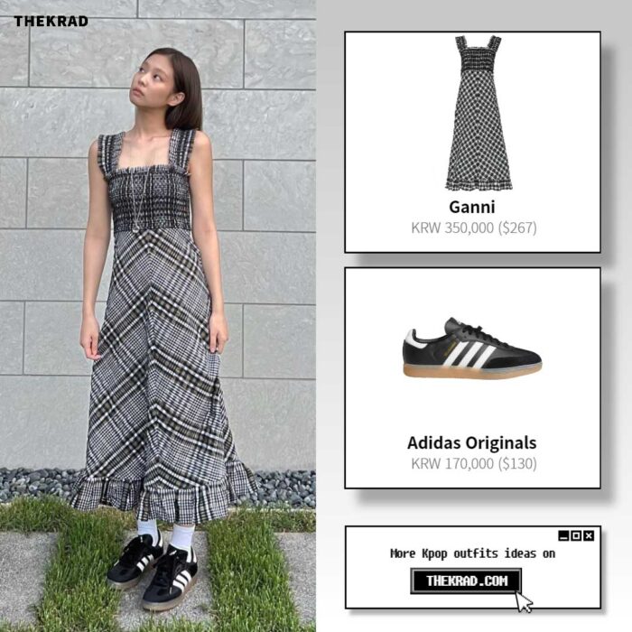 Blackpink Jennie outfit from Aug 2, 2022 : Ganni dress and more